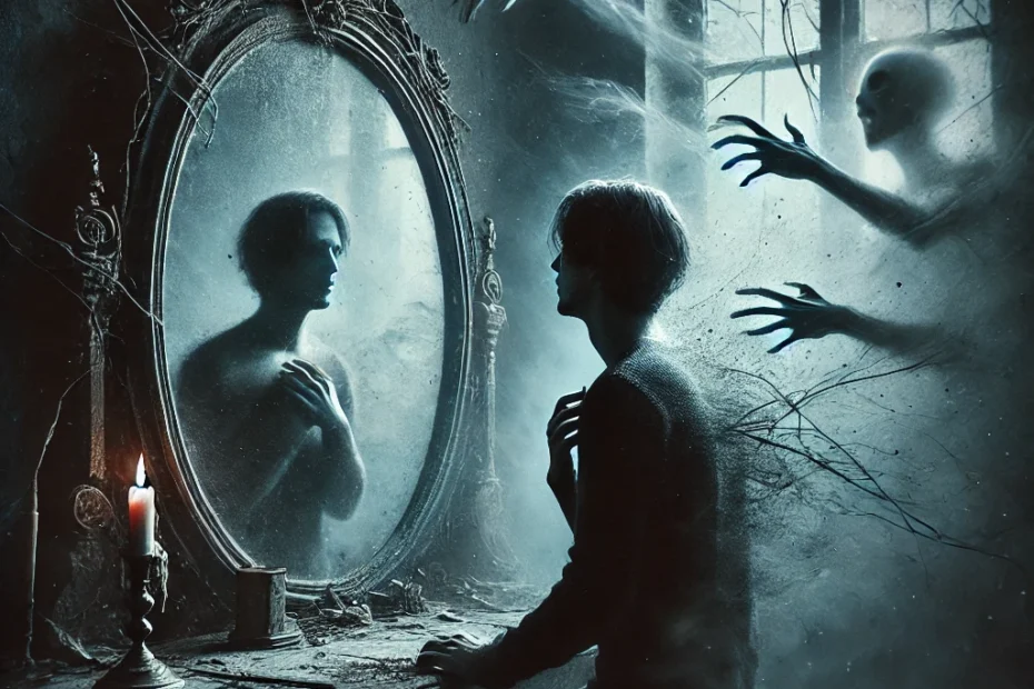 A haunting image depicting the Curse of Eternal Regret. A solitary figure stands in front of a cracked, antique mirror, staring at their reflection with deep sorrow. The reflection in the mirror is distorted, showing shadowy figures and ghostly images of past mistakes reaching out, as if to pull the person into the mirror. The dimly lit room is filled with an eerie atmosphere, with a single black candle casting flickering light. The background fades into misty shadows, representing forgotten memories and unescapable guilt. The entire scene exudes a sense of remorse, loss, and emotional burden.
