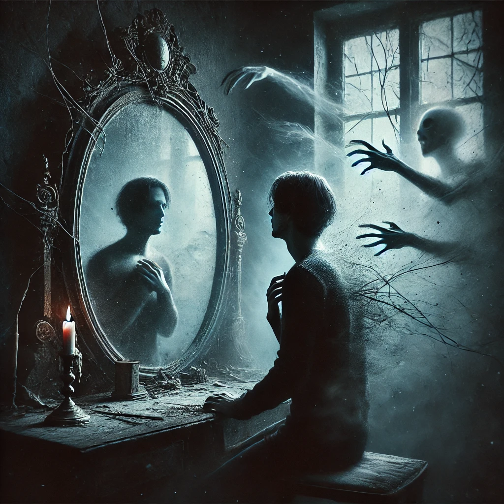 A haunting image depicting the Curse of Eternal Regret. A solitary figure stands in front of a cracked, antique mirror, staring at their reflection with deep sorrow. The reflection in the mirror is distorted, showing shadowy figures and ghostly images of past mistakes reaching out, as if to pull the person into the mirror. The dimly lit room is filled with an eerie atmosphere, with a single black candle casting flickering light. The background fades into misty shadows, representing forgotten memories and unescapable guilt. The entire scene exudes a sense of remorse, loss, and emotional burden.