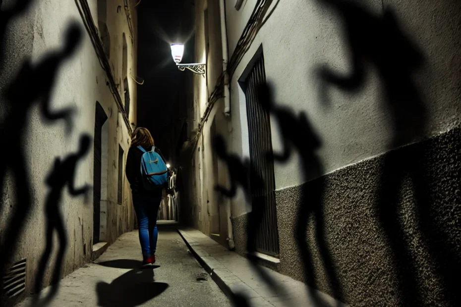 A haunting scene showing a figure sitting alone in a dimly lit room, surrounded by creeping shadows. The figure has their head in their hands, looking distressed as ghostly, shadowy forms loom behind them, blending into the dark corners of the room. Wisps of smoke or fog curl around the figure, representing the curse taking hold, creating an atmosphere of paranoia and unease. The shadows seem alive, constantly shifting and watching, invoking a sense of being followed and haunted. The overall mood is eerie and filled with ominous, unsettling energy.