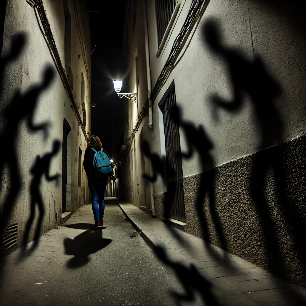 A haunting scene showing a figure sitting alone in a dimly lit room, surrounded by creeping shadows. The figure has their head in their hands, looking distressed as ghostly, shadowy forms loom behind them, blending into the dark corners of the room. Wisps of smoke or fog curl around the figure, representing the curse taking hold, creating an atmosphere of paranoia and unease. The shadows seem alive, constantly shifting and watching, invoking a sense of being followed and haunted. The overall mood is eerie and filled with ominous, unsettling energy.