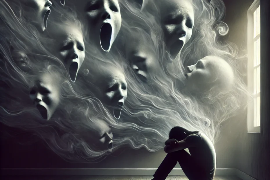 A haunting scene featuring a shadowy figure sitting alone, hunched over in distress. Around them, faint, ghostly faces emerge from the darkness, whispering into their ears. The whispers are depicted as swirling wisps of fog or smoke, encircling the figure in an oppressive, suffocating atmosphere. The figure’s posture reflects deep regret and guilt, as though weighed down by the relentless whispers. The background is dimly lit, with flickering shadows adding to the eerie, unsettling feeling of the scene, representing the emotional torment of the "Curse of Whispering Guilt."