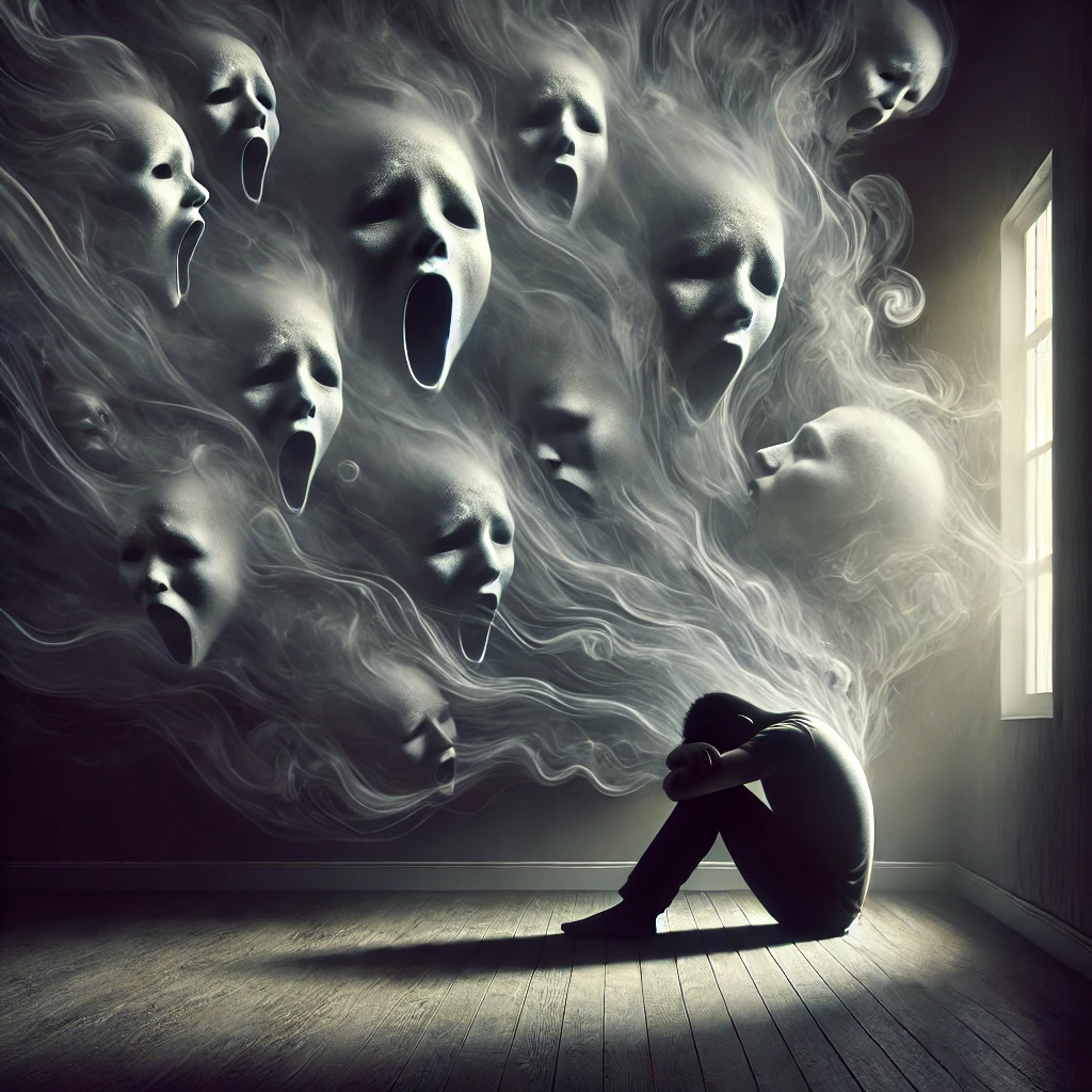 A haunting scene featuring a shadowy figure sitting alone, hunched over in distress. Around them, faint, ghostly faces emerge from the darkness, whispering into their ears. The whispers are depicted as swirling wisps of fog or smoke, encircling the figure in an oppressive, suffocating atmosphere. The figure’s posture reflects deep regret and guilt, as though weighed down by the relentless whispers. The background is dimly lit, with flickering shadows adding to the eerie, unsettling feeling of the scene, representing the emotional torment of the "Curse of Whispering Guilt."