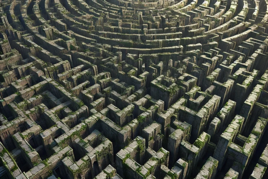 A surreal image depicting the Curse of the Endless Maze. The scene shows a person standing in the middle of a vast, labyrinthine maze with tall, dark stone walls stretching out in every direction. The figure looks lost and confused, surrounded by endless pathways that all lead to dead ends. Above, the sky is a muted gray, adding to the sense of hopelessness and disorientation. Shadows loom ominously along the maze walls, creating a haunting, oppressive atmosphere as the person struggles to find a way out.