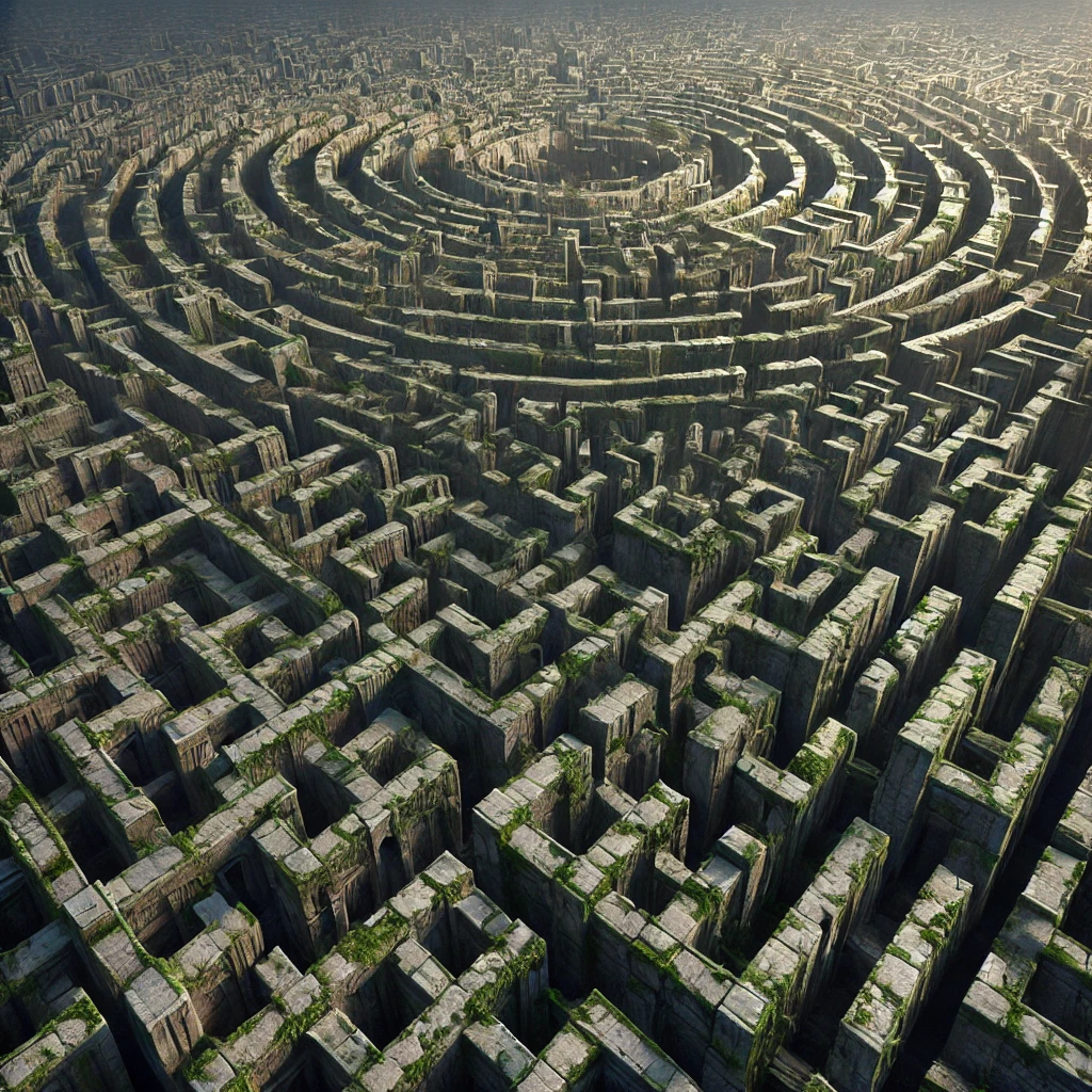 A surreal image depicting the Curse of the Endless Maze. The scene shows a person standing in the middle of a vast, labyrinthine maze with tall, dark stone walls stretching out in every direction. The figure looks lost and confused, surrounded by endless pathways that all lead to dead ends. Above, the sky is a muted gray, adding to the sense of hopelessness and disorientation. Shadows loom ominously along the maze walls, creating a haunting, oppressive atmosphere as the person struggles to find a way out.