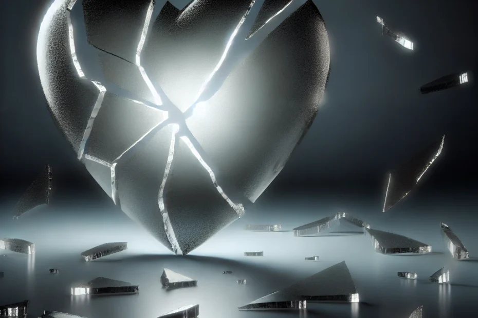 A dark, emotional scene featuring a broken heart symbol made of red glass shards scattered across a black surface. In the center, a burning black candle drips wax onto the shattered pieces, representing emotional pain and loss. Around the heart are dried rose petals and wilted flowers, emphasizing the curse’s focus on heartbreak and sorrow. The flickering candlelight casts deep shadows, creating a haunting atmosphere of despair and emotional devastation. The overall mood is somber and filled with the energy of a powerful curse.