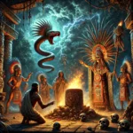 A scene of an ancient Aztec shaman casting a curse under a dark, stormy sky. The shaman, dressed in traditional Aztec attire with a feathered headdress and adorned jewelry, holds a staff decorated with feathers and skulls. Aztec symbols, including serpent gods and skulls, surround him. In the background, villagers look on in awe and fear, their faces illuminated by flickering torchlight. Dense jungle foliage and a crumbling stone temple add to the mystical atmosphere, while shadows and rich colors emphasize the supernatural energy of the ritual.