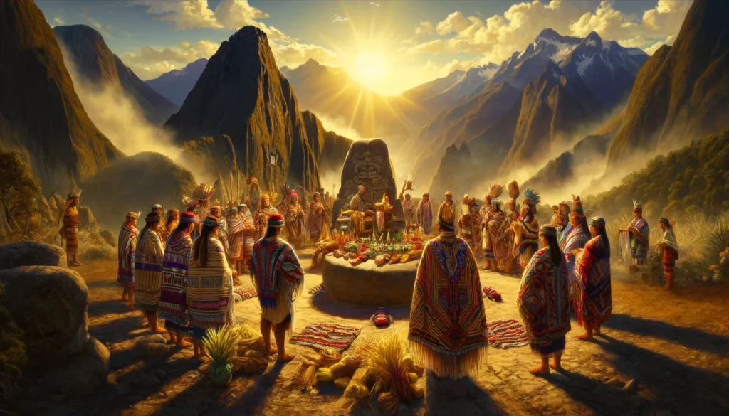 An image depicting an Inca ritual in the Andes mountains at sunset. Priests and villagers in traditional Inca attire are gathered around a sacred stone shrine, or wak'a, performing a ritual. Offerings, including colorful textiles, maize, and pottery, are placed at the shrine. The scene is set against a backdrop of towering Andean peaks, bathed in golden light with scattered clouds above. The clothing features vibrant colors like red, yellow, and green, with woven patterns and elaborate headgear. The overall atmosphere is mystical, symbolizing the Inca connection to the spiritual world and nature.
