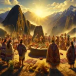 An image depicting an Inca ritual in the Andes mountains at sunset. Priests and villagers in traditional Inca attire are gathered around a sacred stone shrine, or wak'a, performing a ritual. Offerings, including colorful textiles, maize, and pottery, are placed at the shrine. The scene is set against a backdrop of towering Andean peaks, bathed in golden light with scattered clouds above. The clothing features vibrant colors like red, yellow, and green, with woven patterns and elaborate headgear. The overall atmosphere is mystical, symbolizing the Inca connection to the spiritual world and nature.