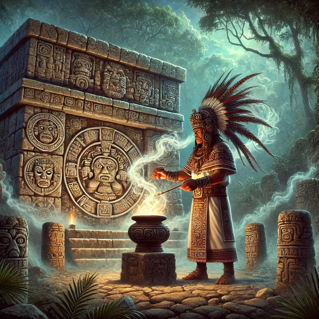 An ancient Maya priest stands in front of a stone temple, performing a ritual surrounded by dense jungle. He wears traditional clothing with intricate patterns and a feathered headdress, holding a smoking incense burner. Mystical symbols and glyphs glow faintly in the air, adding an aura of supernatural energy. The stone temple behind him is adorned with carvings of Maya gods and symbols representing Xibalba, the Maya underworld. Faint glowing lights and shadowy forms representing spirits are visible around the priest, enhancing the mystical atmosphere.