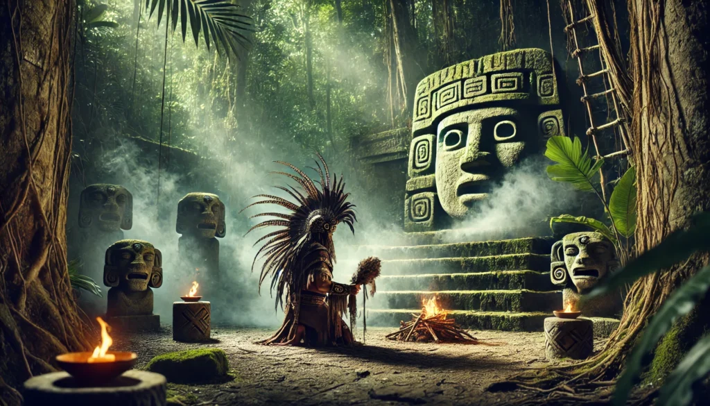 An ancient Olmec shaman performing a mystical ritual in a dense jungle, with large stone altars and colossal Olmec stone heads in the background. The shaman wears traditional attire adorned with feathers and jaguar skins, surrounded by swirling smoke and shadows that hint at supernatural forces. Sunlight filters through the thick jungle canopy, illuminating the intricate carvings on the stone structures, creating a mysterious and spiritual atmosphere.