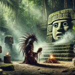 An ancient Olmec shaman performing a mystical ritual in a dense jungle, with large stone altars and colossal Olmec stone heads in the background. The shaman wears traditional attire adorned with feathers and jaguar skins, surrounded by swirling smoke and shadows that hint at supernatural forces. Sunlight filters through the thick jungle canopy, illuminating the intricate carvings on the stone structures, creating a mysterious and spiritual atmosphere.