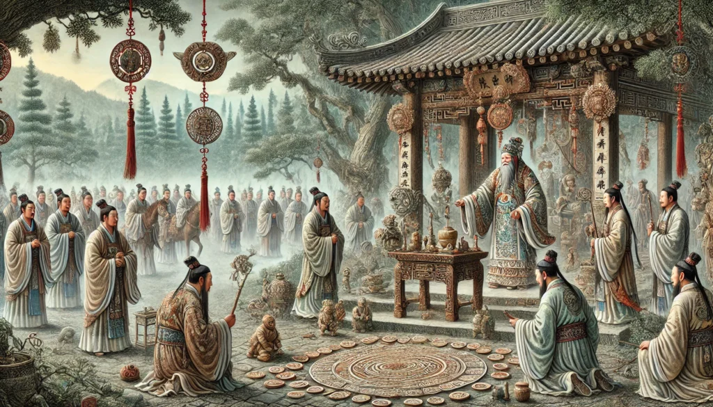 Ancient Chinese scene set during the Han Dynasty showing a shaman, or "wu," performing a ritual to ward off curses. The shaman, dressed in traditional Han Dynasty attire, holds jade amulets and talismans amidst mist and ancient trees. Ritual artifacts, such as clay figures and inscribed tablets, are arranged around, while a few villagers watch in awe. The scene has a mystical atmosphere with intricate, traditional Chinese art detailing patterns on clothing and ritual objects, evoking the spiritual and supernatural elements of the time.