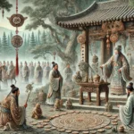 Ancient Chinese scene set during the Han Dynasty showing a shaman, or "wu," performing a ritual to ward off curses. The shaman, dressed in traditional Han Dynasty attire, holds jade amulets and talismans amidst mist and ancient trees. Ritual artifacts, such as clay figures and inscribed tablets, are arranged around, while a few villagers watch in awe. The scene has a mystical atmosphere with intricate, traditional Chinese art detailing patterns on clothing and ritual objects, evoking the spiritual and supernatural elements of the time.