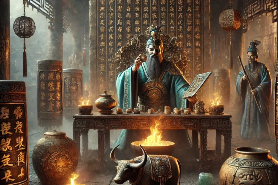 A detailed depiction of a Shang Dynasty ritual scene in ancient China. A Shang king, dressed in traditional attire, performs divination using oracle bones in a dimly lit ceremonial space. Surrounding him are shamans and attendants, observing the cracks in ox scapulae for messages from ancestors or deities. Bronze artifacts, jade amulets, and incense create a mystical atmosphere, with flickering torches casting shadows on a stone wall engraved with ancient symbols. The setting reflects the solemn and mystical ambiance of Shang-era spiritual practices.