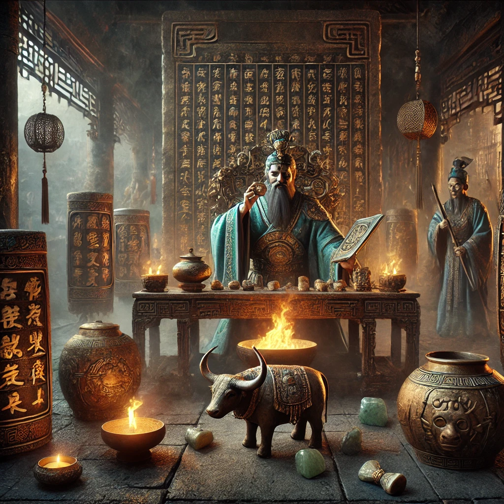 A detailed depiction of a Shang Dynasty ritual scene in ancient China. A Shang king, dressed in traditional attire, performs divination using oracle bones in a dimly lit ceremonial space. Surrounding him are shamans and attendants, observing the cracks in ox scapulae for messages from ancestors or deities. Bronze artifacts, jade amulets, and incense create a mystical atmosphere, with flickering torches casting shadows on a stone wall engraved with ancient symbols. The setting reflects the solemn and mystical ambiance of Shang-era spiritual practices.