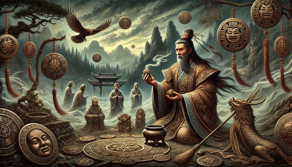 Ancient China during the Xia Dynasty: a shaman performs a ritual to ward off curses, surrounded by talismans and charms with ancient symbols. The shaman wears flowing traditional Chinese robes and a headpiece, holding an incense burner. In the background, a dark, misty forest and mountains under a cloudy sky add mystery, with ghostly ancestral spirits subtly emerging from the mist, observing the ritual. The overall color palette is dark and earthy, enhancing the mystical and ancient atmosphere.