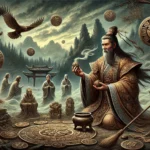 Ancient China during the Xia Dynasty: a shaman performs a ritual to ward off curses, surrounded by talismans and charms with ancient symbols. The shaman wears flowing traditional Chinese robes and a headpiece, holding an incense burner. In the background, a dark, misty forest and mountains under a cloudy sky add mystery, with ghostly ancestral spirits subtly emerging from the mist, observing the ritual. The overall color palette is dark and earthy, enhancing the mystical and ancient atmosphere.