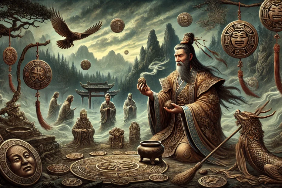Ancient China during the Xia Dynasty: a shaman performs a ritual to ward off curses, surrounded by talismans and charms with ancient symbols. The shaman wears flowing traditional Chinese robes and a headpiece, holding an incense burner. In the background, a dark, misty forest and mountains under a cloudy sky add mystery, with ghostly ancestral spirits subtly emerging from the mist, observing the ritual. The overall color palette is dark and earthy, enhancing the mystical and ancient atmosphere.