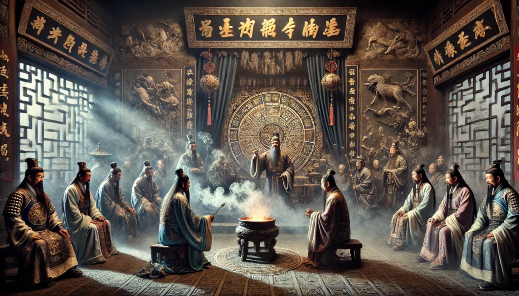 A dimly lit scene from ancient China during the Zhou Dynasty shows a shaman, or Wu, conducting a ritual ceremony. The shaman, dressed in detailed traditional attire, holds a talisman while chanting. Surrounding him are nobles and warriors observing the ritual. The room features Zhou-era artifacts, including bronze inscriptions and jade carvings, while smoke from incense rises, adding a mystical ambiance. Shadows cast on the walls depict ancestor spirits and symbols, emphasizing the spiritual significance of the ceremony. The setting is steeped in mystery, with intricate clothing details and ancient Chinese architectural elements enhancing the historical atmosphere.