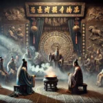 A dimly lit scene from ancient China during the Zhou Dynasty shows a shaman, or Wu, conducting a ritual ceremony. The shaman, dressed in detailed traditional attire, holds a talisman while chanting. Surrounding him are nobles and warriors observing the ritual. The room features Zhou-era artifacts, including bronze inscriptions and jade carvings, while smoke from incense rises, adding a mystical ambiance. Shadows cast on the walls depict ancestor spirits and symbols, emphasizing the spiritual significance of the ceremony. The setting is steeped in mystery, with intricate clothing details and ancient Chinese architectural elements enhancing the historical atmosphere.