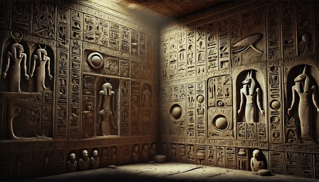 A close-up view of an ancient Egyptian tomb wall from the Middle Kingdom, showing intricate hieroglyphs and carved protective curses in aged stone. Symbols of gods, including Anubis and Osiris, are visible alongside embedded amulets and small statues meant to guard the tomb. The scene is lit by dim, flickering torchlight, casting deep shadows over the carved symbols. Fine dust and cobwebs add to the mysterious, ancient atmosphere, evoking the mystical and reverent ambiance of Egyptian curseology.