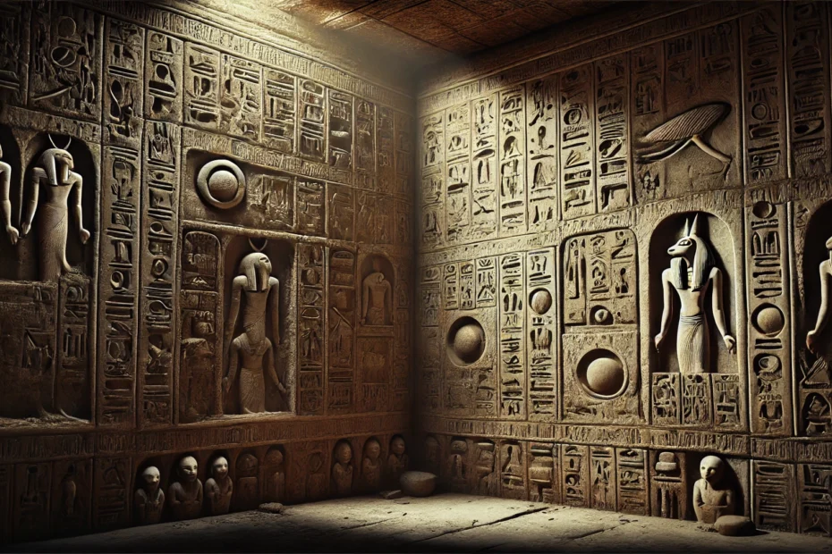 A close-up view of an ancient Egyptian tomb wall from the Middle Kingdom, showing intricate hieroglyphs and carved protective curses in aged stone. Symbols of gods, including Anubis and Osiris, are visible alongside embedded amulets and small statues meant to guard the tomb. The scene is lit by dim, flickering torchlight, casting deep shadows over the carved symbols. Fine dust and cobwebs add to the mysterious, ancient atmosphere, evoking the mystical and reverent ambiance of Egyptian curseology.