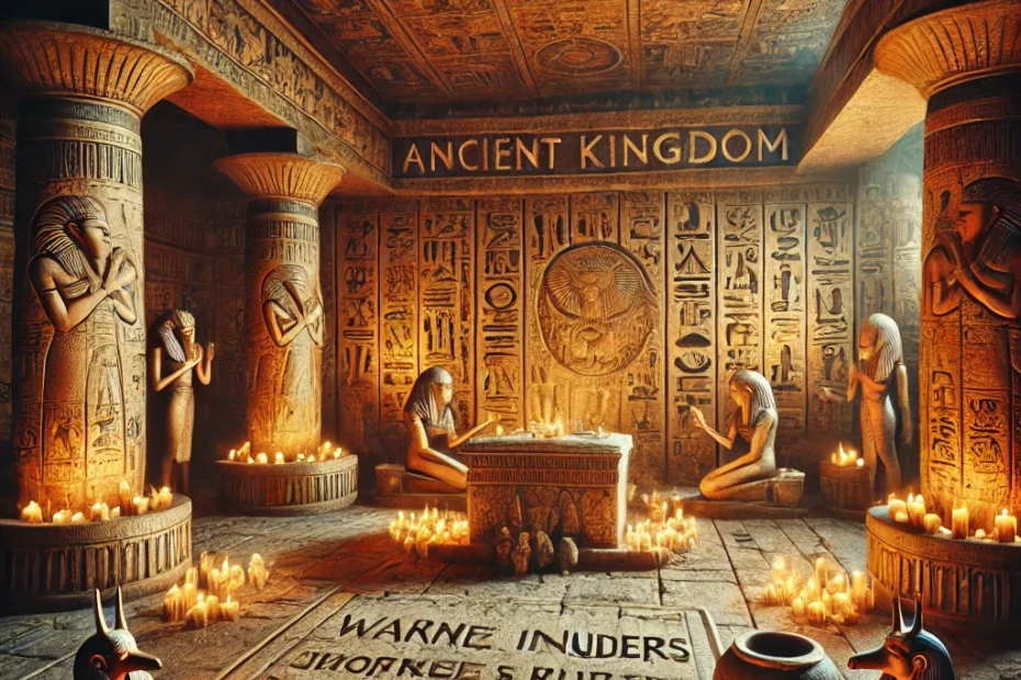 Ancient Egyptian New Kingdom tomb scene with protective curse inscriptions etched in hieroglyphics on stone walls, warning intruders of divine retribution. The tomb entrance is guarded by statues, with symbols of gods like Anubis and Osiris depicted nearby. Amulets, including scarab carvings, adorn the surroundings, and figures perform rituals using figurines. The scene is dimly lit, with golden hues highlighting the intricate artwork and sacred atmosphere, evoking a mysterious, reverent, and supernatural energy.