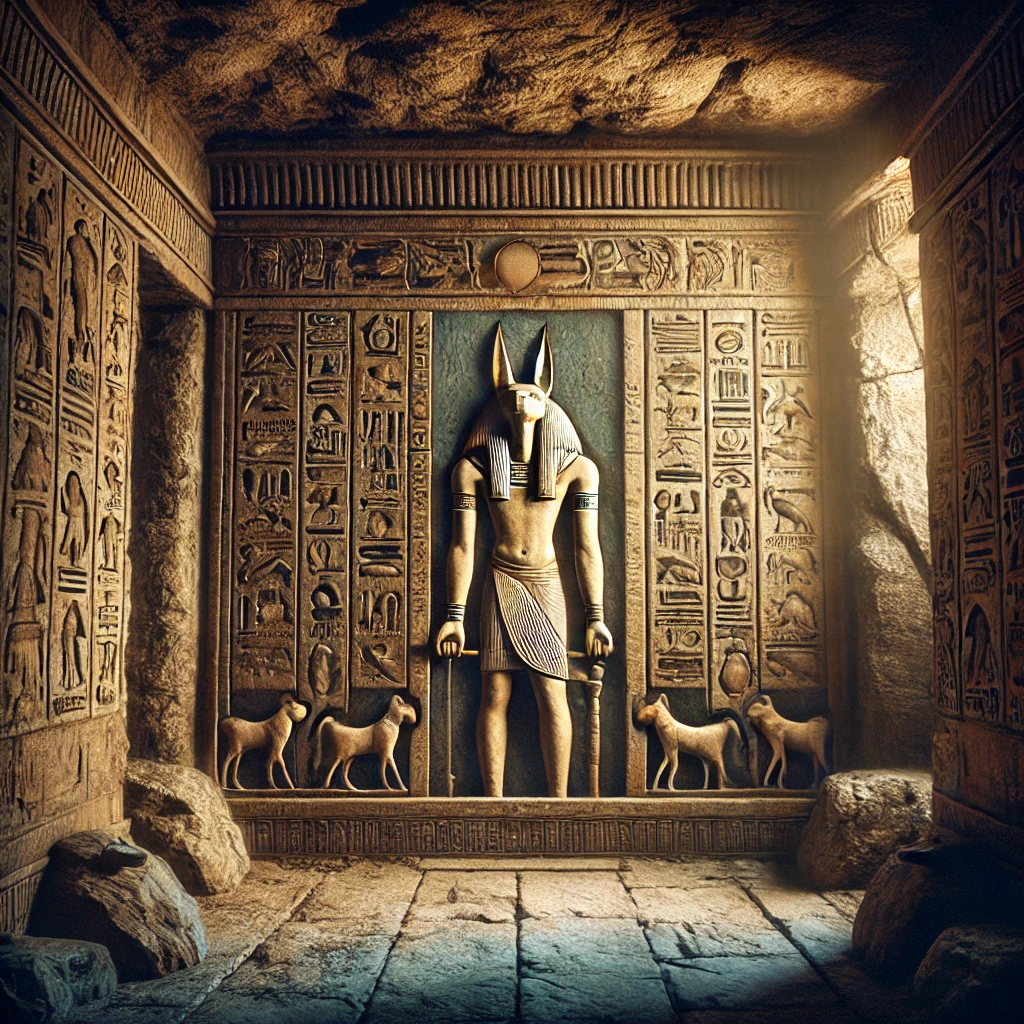 A dimly lit ancient Egyptian tomb from the Old Kingdom period, featuring stone walls covered with intricate hieroglyphs and carvings. Protective inscriptions are visible alongside detailed depictions of deities, such as Anubis or Osiris, representing guardianship over the dead. Shadowy figures of animals and mystical symbols adorn the walls, adding to the tomb’s eerie and sacred atmosphere. The stone textures and the soft, mystical glow enhance the sense of reverence and mystery.