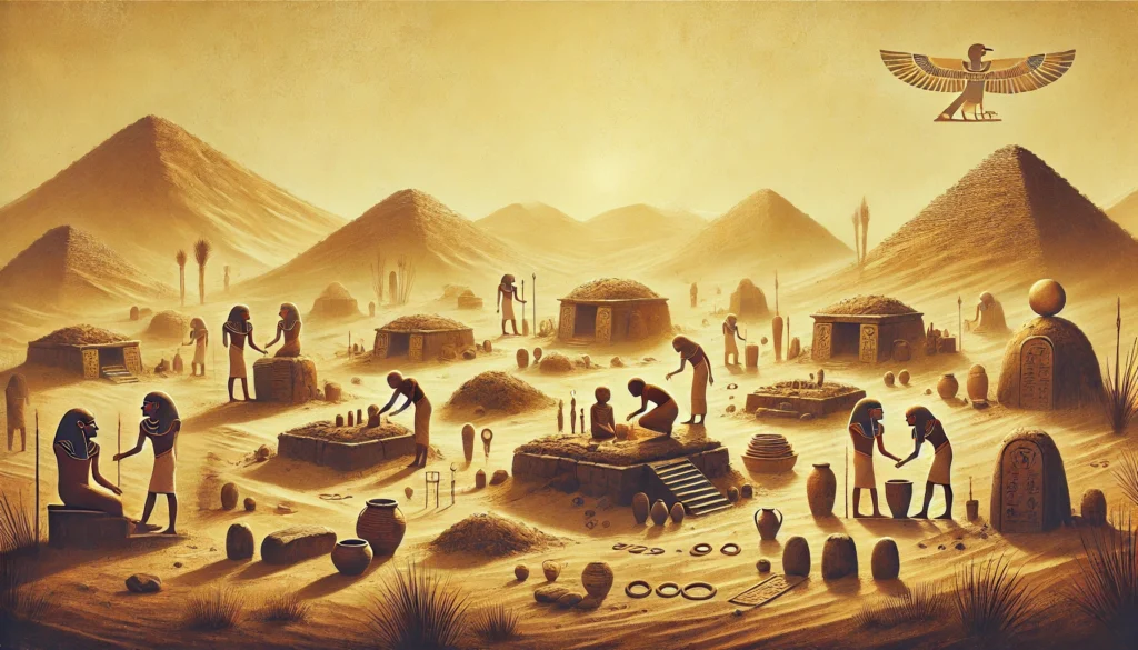 An ancient Egyptian scene from the Predynastic period in a desert setting, featuring primitive grave mounds adorned with pottery, amulets, and small boundary stones. Figures dressed in simple garments engage in ritualistic acts, placing offerings around the burial site. The landscape has sparse desert plants and a golden, dusty sky, symbolizing reverence for spirits and early beliefs in supernatural protection. The style is primitive and ceremonial, capturing the essence of ancient culture and early mortuary practices.