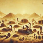 An ancient Egyptian scene from the Predynastic period in a desert setting, featuring primitive grave mounds adorned with pottery, amulets, and small boundary stones. Figures dressed in simple garments engage in ritualistic acts, placing offerings around the burial site. The landscape has sparse desert plants and a golden, dusty sky, symbolizing reverence for spirits and early beliefs in supernatural protection. The style is primitive and ceremonial, capturing the essence of ancient culture and early mortuary practices.