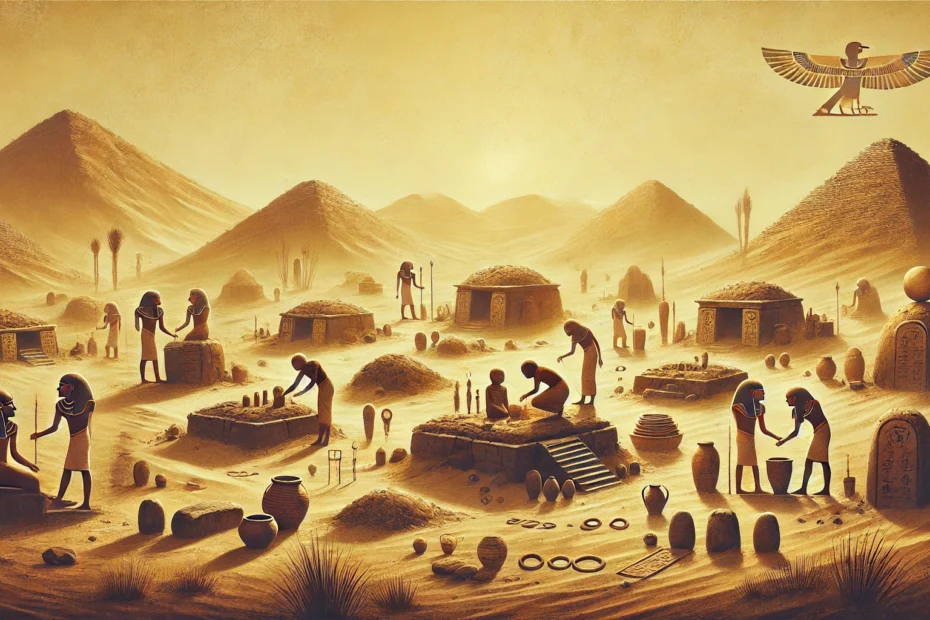An ancient Egyptian scene from the Predynastic period in a desert setting, featuring primitive grave mounds adorned with pottery, amulets, and small boundary stones. Figures dressed in simple garments engage in ritualistic acts, placing offerings around the burial site. The landscape has sparse desert plants and a golden, dusty sky, symbolizing reverence for spirits and early beliefs in supernatural protection. The style is primitive and ceremonial, capturing the essence of ancient culture and early mortuary practices.