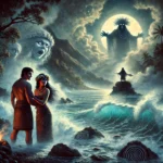 An ethereal scene set along a stormy Polynesian coastline at twilight, featuring a young couple standing by the crashing waves. The woman, dressed in traditional Polynesian attire with flowers in her hair, appears fearful as she faces the ocean, while her lover, a fisherman, reaches out to comfort her. In the background, a shaman stands on a cliff, casting a curse over the turbulent bay, with ghostly faces emerging from the swirling mists above the water. The scene is illuminated by moonlight, highlighting ancient Polynesian symbols subtly woven into the landscape, evoking a mystical and dramatic atmosphere.