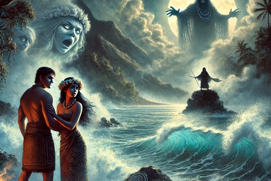 An ethereal scene set along a stormy Polynesian coastline at twilight, featuring a young couple standing by the crashing waves. The woman, dressed in traditional Polynesian attire with flowers in her hair, appears fearful as she faces the ocean, while her lover, a fisherman, reaches out to comfort her. In the background, a shaman stands on a cliff, casting a curse over the turbulent bay, with ghostly faces emerging from the swirling mists above the water. The scene is illuminated by moonlight, highlighting ancient Polynesian symbols subtly woven into the landscape, evoking a mystical and dramatic atmosphere.