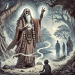 An illustration of an ancient Indian sage from the Gupta Empire era, dressed in traditional attire, performing a curse ritual in a mystical forest. The sage stands with raised hands, his expression focused and intense, as he channels spiritual energy. Surrounding him are towering ancient trees and a gently flowing river, with a faint, mystical glow and swirling smoke adding a supernatural atmosphere. In the background, shadowy figures quietly observe the ritual, enhancing the sense of mystery and reverence for the sage's powers. The scene embodies ancient beliefs in curses and spiritual practices.