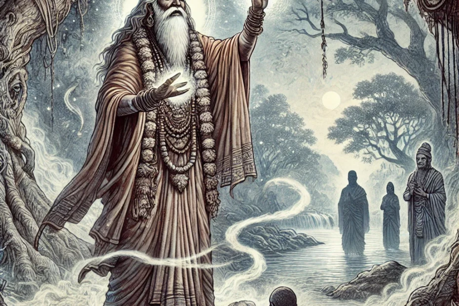 An illustration of an ancient Indian sage from the Gupta Empire era, dressed in traditional attire, performing a curse ritual in a mystical forest. The sage stands with raised hands, his expression focused and intense, as he channels spiritual energy. Surrounding him are towering ancient trees and a gently flowing river, with a faint, mystical glow and swirling smoke adding a supernatural atmosphere. In the background, shadowy figures quietly observe the ritual, enhancing the sense of mystery and reverence for the sage's powers. The scene embodies ancient beliefs in curses and spiritual practices.