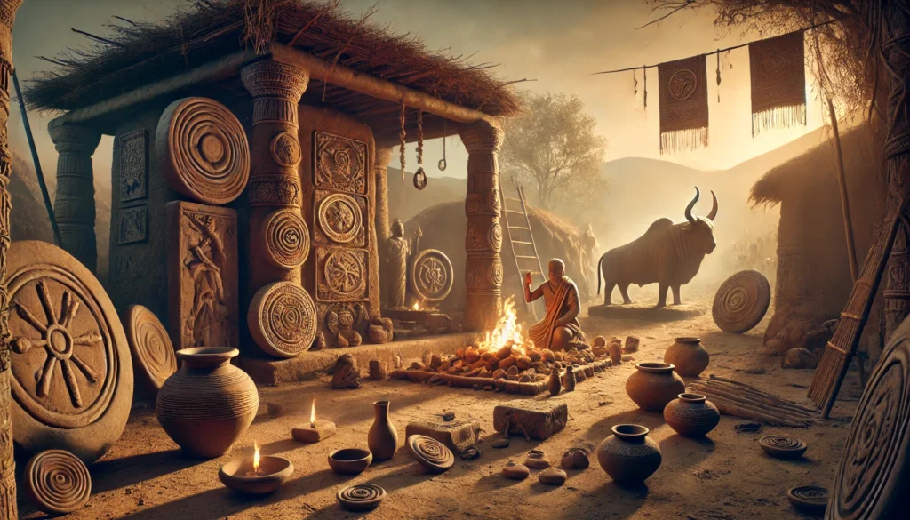 Ancient Indus Valley Civilization scene showing a shaman or priest performing a ritual surrounded by pottery, carved seals, and animal motifs. A powerful bull and tiger, symbols of protection, are depicted near semi-urban mud-brick structures, sacred trees, and clay pots. The atmosphere is mysterious and reverent, with warm, soft lighting that enhances the historical and spiritual ambiance.