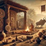 Ancient Indus Valley Civilization scene showing a shaman or priest performing a ritual surrounded by pottery, carved seals, and animal motifs. A powerful bull and tiger, symbols of protection, are depicted near semi-urban mud-brick structures, sacred trees, and clay pots. The atmosphere is mysterious and reverent, with warm, soft lighting that enhances the historical and spiritual ambiance.