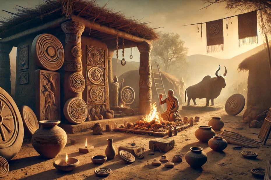 Ancient Indus Valley Civilization scene showing a shaman or priest performing a ritual surrounded by pottery, carved seals, and animal motifs. A powerful bull and tiger, symbols of protection, are depicted near semi-urban mud-brick structures, sacred trees, and clay pots. The atmosphere is mysterious and reverent, with warm, soft lighting that enhances the historical and spiritual ambiance.