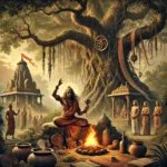 An illustration depicting an ancient Indian scene from the Maurya Empire era. A sage performs a ritual under a large banyan tree, surrounded by sacred items such as a small fire, herbs, and ancient texts, creating an aura of mysticism. The sage is dressed in traditional attire, deep in concentration. In the background, there is a glimpse of a Mauryan-style palace or village structure, with onlookers in traditional clothing observing from a distance. The scene is set in a lush, green environment, evoking a sense of historical reverence and cultural depth.