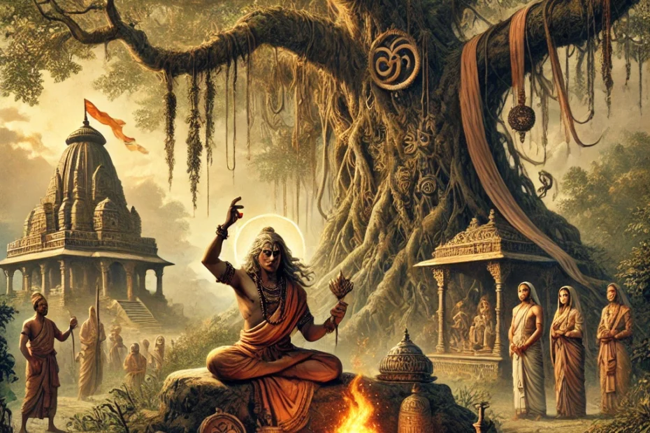 An illustration depicting an ancient Indian scene from the Maurya Empire era. A sage performs a ritual under a large banyan tree, surrounded by sacred items such as a small fire, herbs, and ancient texts, creating an aura of mysticism. The sage is dressed in traditional attire, deep in concentration. In the background, there is a glimpse of a Mauryan-style palace or village structure, with onlookers in traditional clothing observing from a distance. The scene is set in a lush, green environment, evoking a sense of historical reverence and cultural depth.