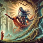 Ancient Vedic scene showing a sage in a dense, mystical forest. The sage, with long flowing hair and a fierce expression, stands with one hand raised, radiating a visible aura of energy as he casts a powerful curse. Large ancient trees surround him, their branches stretching high above, and distant figures or a small village can be faintly seen in the background, subtly illustrating the impact of the curse. The atmosphere is intense and mysterious, blending natural beauty with a strong spiritual presence, evoking the power of ancient Indian mysticism.