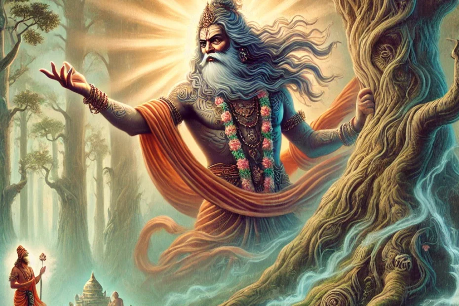 Ancient Vedic scene showing a sage in a dense, mystical forest. The sage, with long flowing hair and a fierce expression, stands with one hand raised, radiating a visible aura of energy as he casts a powerful curse. Large ancient trees surround him, their branches stretching high above, and distant figures or a small village can be faintly seen in the background, subtly illustrating the impact of the curse. The atmosphere is intense and mysterious, blending natural beauty with a strong spiritual presence, evoking the power of ancient Indian mysticism.