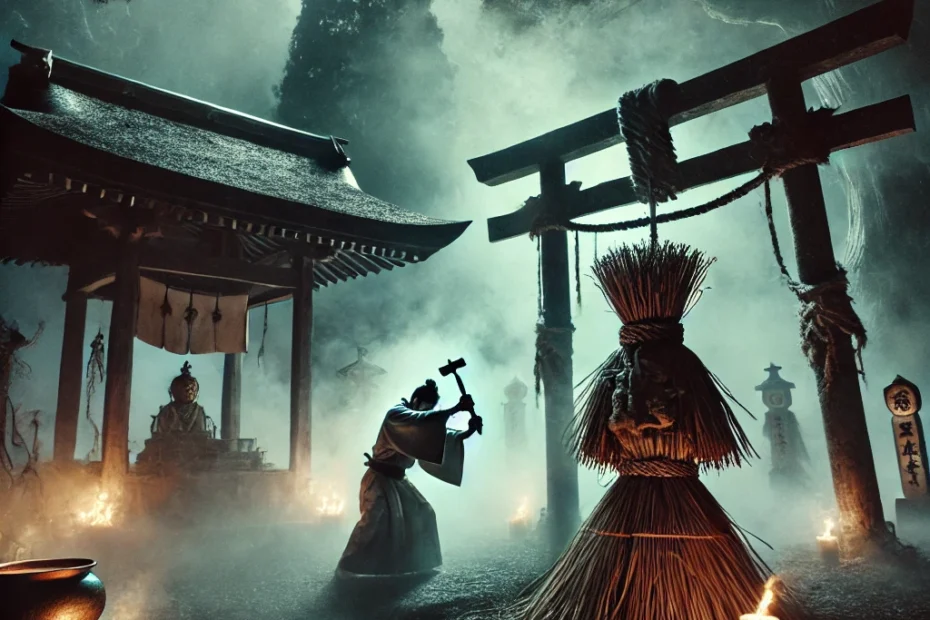A scene of an ancient Japanese ritual taking place at night in a wooded area. A lone figure dressed in traditional robes performs the infamous "Ushi no Koku Mairi" curse ritual by hammering a nail into a straw effigy tied to a sacred tree. The effigy is simple, made of straw and twine, with a dim black candle nearby flickering in the darkness. The forest around the figure is illuminated by the soft glow of moonlight filtering through the trees, creating an eerie, mystical atmosphere. Ghostly mist swirls around the scene, adding to the sense of foreboding and supernatural power.