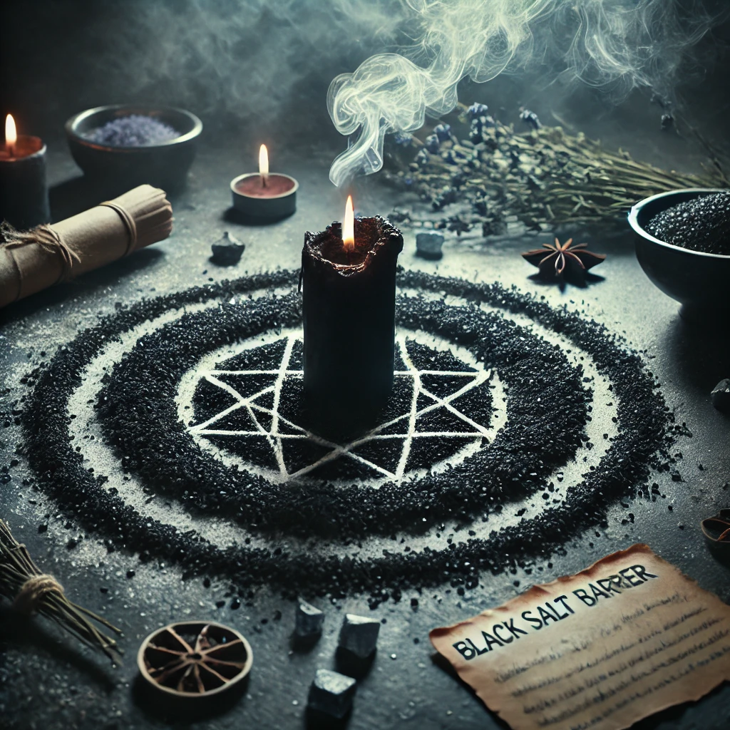 A dark, mystical ritual setup depicting the Black Salt Barrier Curse. In the center, a black candle burns, casting dim light over a circular line of black salt on the ground. Inside the circle, a small fireproof bowl contains a piece of parchment with a name written on it, with faint smoke rising as if recently burned. Protective herbs like rosemary and sage are scattered around the salt circle. The scene has a heavy, mysterious atmosphere, with shadows and faint fog adding a sense of ancient protection and power.