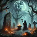 An ancient Celtic and Druidic ritual scene set in a misty forest with tall oak and ash trees. Moonlight filters through the branches, casting an eerie, mystical glow over the setting. A Druid dressed in dark robes stands near an ancient stone circle with carved Ogham symbols, holding a ritual staff. The area is illuminated by glowing candles and small symbolic offerings arranged on a large stone. Faint, ethereal spirits and subtle Celtic symbols hover in the air, enhancing the scene’s haunting and mysterious atmosphere. The scene is rich in historical and mystical details, evoking a sense of ancient ritual and magic.