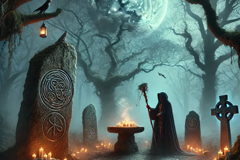 An ancient Celtic and Druidic ritual scene set in a misty forest with tall oak and ash trees. Moonlight filters through the branches, casting an eerie, mystical glow over the setting. A Druid dressed in dark robes stands near an ancient stone circle with carved Ogham symbols, holding a ritual staff. The area is illuminated by glowing candles and small symbolic offerings arranged on a large stone. Faint, ethereal spirits and subtle Celtic symbols hover in the air, enhancing the scene’s haunting and mysterious atmosphere. The scene is rich in historical and mystical details, evoking a sense of ancient ritual and magic.