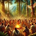 A vibrant illustration depicting members of an Indigenous community from North America gathered in a lush forest setting. They wear traditional clothing adorned with animal skins, beads, and feathers. They are performing a ceremonial dance around a central fire, with expressions of reverence and celebration. Tall trees and distant mountains frame the scene, with sunlight filtering through the leaves, casting a warm, golden glow. Traditional items like hand-carved totems, drums, and woven baskets are placed around the gathering, symbolizing the connection to nature and heritage. The scene exudes a strong sense of harmony with the natural world.