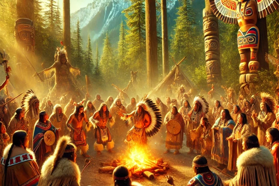 A vibrant illustration depicting members of an Indigenous community from North America gathered in a lush forest setting. They wear traditional clothing adorned with animal skins, beads, and feathers. They are performing a ceremonial dance around a central fire, with expressions of reverence and celebration. Tall trees and distant mountains frame the scene, with sunlight filtering through the leaves, casting a warm, golden glow. Traditional items like hand-carved totems, drums, and woven baskets are placed around the gathering, symbolizing the connection to nature and heritage. The scene exudes a strong sense of harmony with the natural world.
