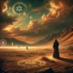 A digital artwork showing a mysterious ancient scene related to curseology in Jewish and Abrahamic traditions. A lone figure stands in the foreground of a desert landscape at dusk, marked with a protective symbol and gazing toward a distant mountain range. The sky is dark with storm clouds, and faint, glowing mystical symbols float around the figure. Shadowy outlines of biblical figures, representing characters like Cain and Balaam, appear subtly in the background, creating an atmosphere of divine mystery. The scene combines earthy tones in the landscape with a dark, ominous sky, evoking a sense of reverence and ancient mysticism.