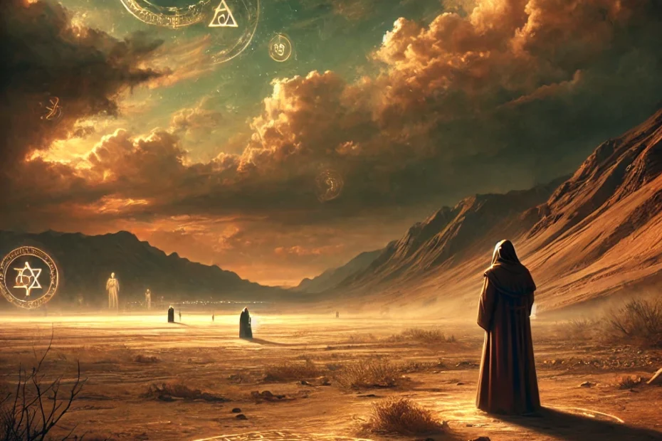 A digital artwork showing a mysterious ancient scene related to curseology in Jewish and Abrahamic traditions. A lone figure stands in the foreground of a desert landscape at dusk, marked with a protective symbol and gazing toward a distant mountain range. The sky is dark with storm clouds, and faint, glowing mystical symbols float around the figure. Shadowy outlines of biblical figures, representing characters like Cain and Balaam, appear subtly in the background, creating an atmosphere of divine mystery. The scene combines earthy tones in the landscape with a dark, ominous sky, evoking a sense of reverence and ancient mysticism.